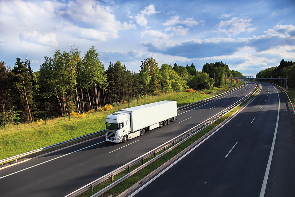 Un camion blanc roulant sur une autoroute à côté d'une forêt